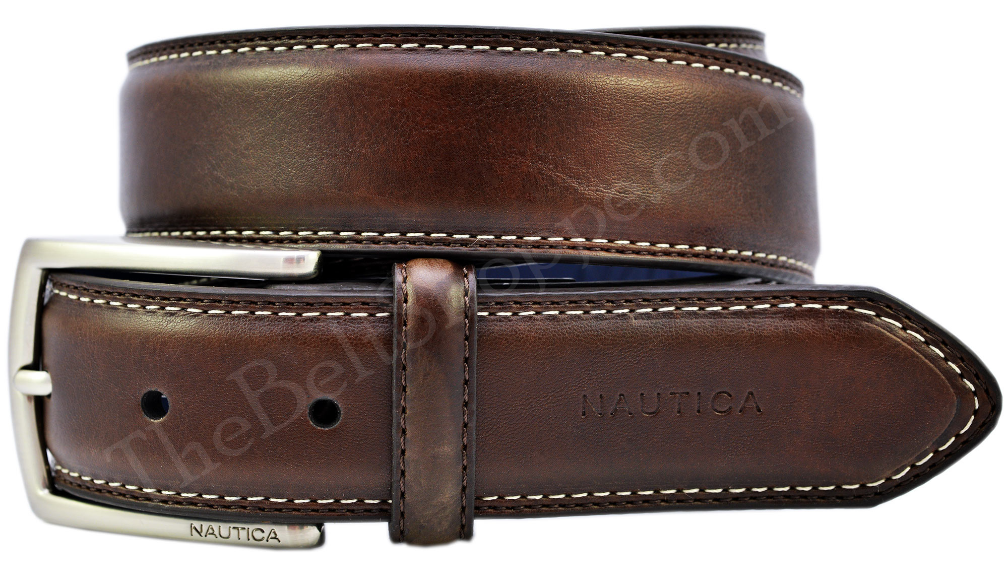 NAUTICA MEN&#39;S DOUBLE STITCHED CASUAL LEATHER BELT - BROWN - 11NU02X030 - NEW | eBay